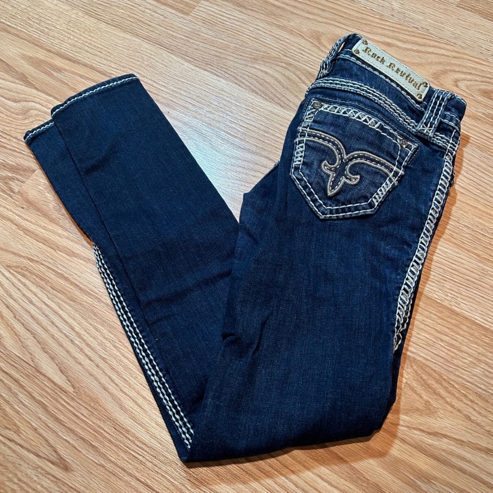 Rock‎ Revival Erin Skinny Jeans Dark Wash Contrast Stitch Rhinestone Size 24